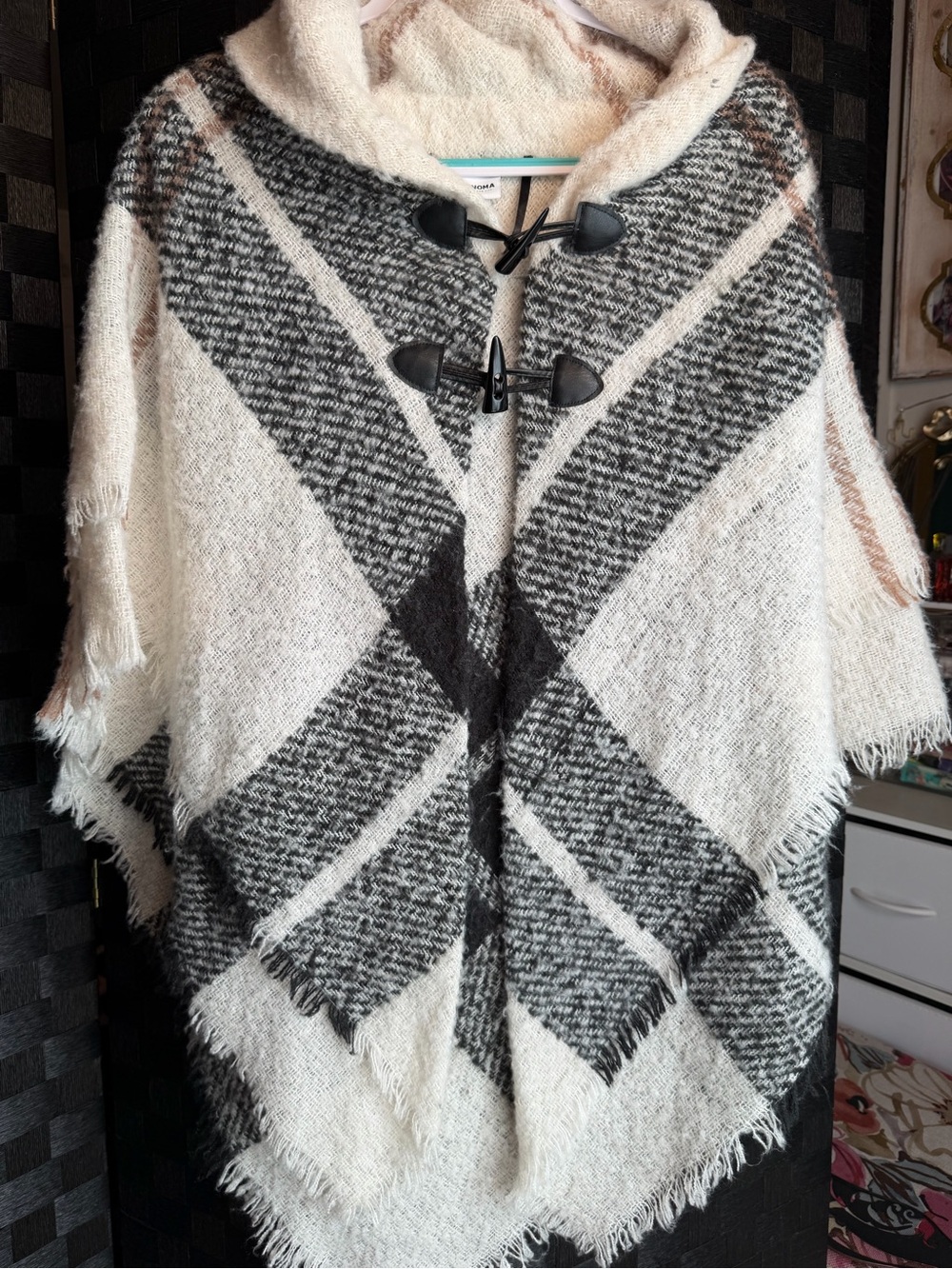 Sonoma Cream & Black Hooded Fringe Poncho
